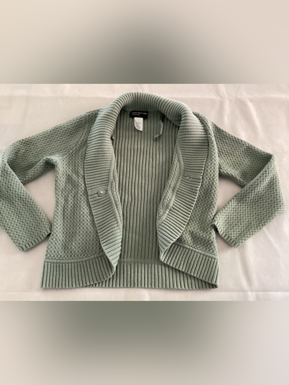 Jones New York Sage Green Textured Shawl Collar Cardigan size small 6/1